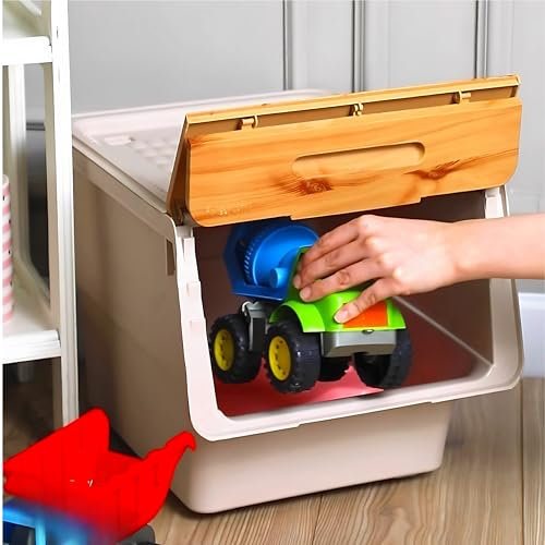 SmartToys4U Stackable Toy Box, Plastic Organiser on Wheels, Kids Storage with Lid Open Front, Multi-Purpose Wheeled Organiser Storage Box for Toys, Snacks, Clothes (Cream & Bamboo, 3 x 12 LT)