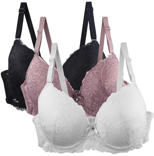 XCXC 3er Pack BH Damen mit Bügel Push Up Bügel-BH Spitze Bralette | Push-Up Effekt mit Formbügeln, Florale Spitze, Gepolsterte Cups für Dekolleté, Komfortabler Verschluss