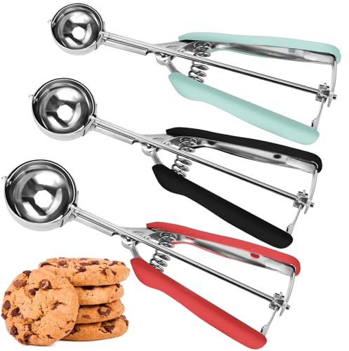 JUNADAEL J Cookie Scoop Set, Cookie Scoops for Baking Set of 3, Cookie Dough Scoop, 1 Tablespoon/ 2 Tablespoon/ 3 Tablespoon, Red/Black/Mint Handle, For Cookie Cupcake Muffin Ice Cream Truffles