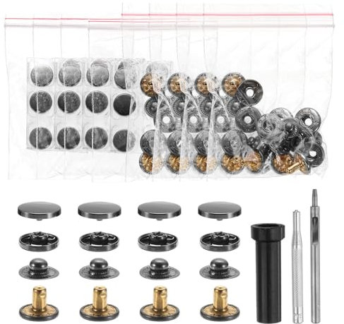 sourcing map 24 Set Leather Snap Fasteners Kit 10mm Metal Button Snaps Press Studs Leather Rivets Snaps with 3 Setter Tools for Clothes Jackets Jeans Wears Bags, Gun-Black