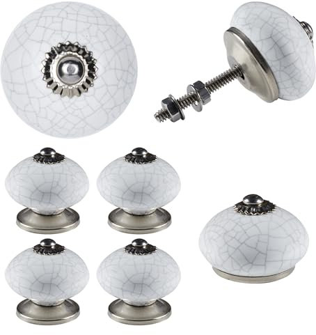 ETHNICITI Pack of 4 Round White Crackle 40mm Ceramic Door Knobs Vintage Shabby Chic, Wardrobe Cabinet Cupboard Drawer Interior Furniture Pulls Handles Bedroom Dresser Lounge Kitchen