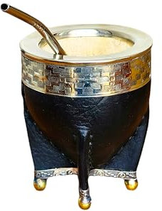 Taza Mate Imperial Calabaza Argentina - Hecho de Interior Calabaza Natural - Exterior Cuero Negro con Plata Alemana (Alpaca)- Incluye Bombilla de Acero Inoxidable