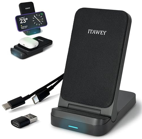ITAWEY 15W Foldable Wireless Charger Stand, long 1.5m Cable and USB Cable Converter, Compatible with iPhone 16 15 14 13 12 11 XS XR X 8, Samsung S25 S24 S23 S22 S21 S20 S10 S9 S8 S7 & all Qi phones