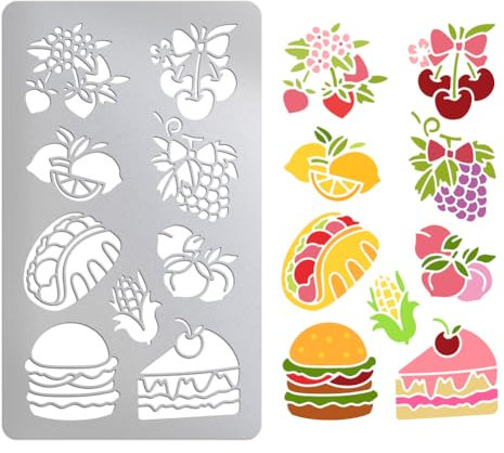 UNICRAFTALE 1 Stück Metallschablone Obst Lebensmittelmotiv Schablone Kirsch Zitronen Trauben Zeichenschablone Malschablonen Edelstahl Wiederverwendbare Vorlage Für Holzschnitzerei Scrapbooking