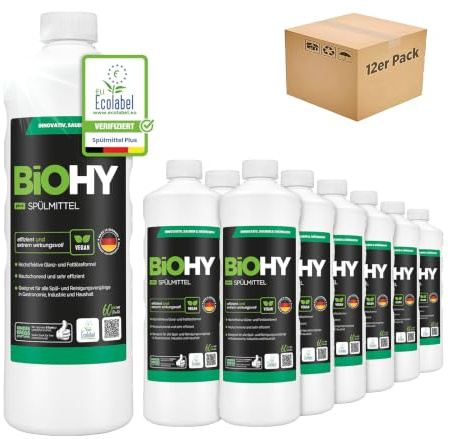 BiOHY Detersivo per piatti Plus (12 x 1 litro) | Concentrato liquido biologico per stoviglie con EU Ecolabel | Sgrassatore extra potente | ideale per dispenser di detersivi | ecologico e