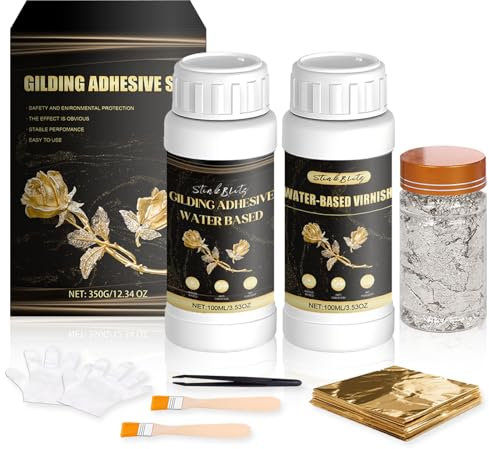 Adesivo per Foglia d'oro, Set per Foglia d'oro con 100 ml di Colla per lamiere a Base d'Acqua e 100 ml di Vernice, Foglia 100 Pezzi, per Lavori Manuali Pittura, Decorazione da Parete Gold Leaf