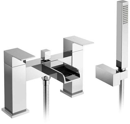 Waterfall Bath Shower Mixer Tap Modern Chrome Bath Filler with Handheld Shower 1.5m Hose & Wall Bracket Solid Brass Square Design High & Low Pressure Compatible