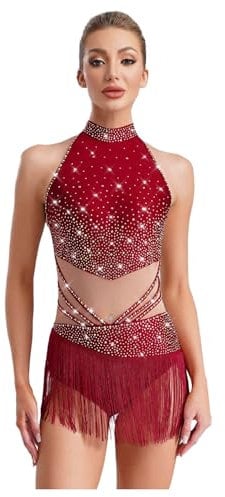 Sinleey Damen Turnanzug Gymnastikanzug Eiskunstlauf Leotard Wettkampf Tanzkleidung Turnbody Tanz Kostüm Burgundy XL