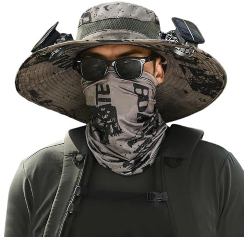 Sun Hat with 2 Solar Fan for Men Wide Brim Solar Fan Hat Outdoor Wide Brim Camo Bucket Fishing Hat - Removable & USB Charging Fan