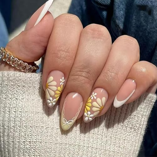 24PCS Yellow Flower Press-On Nails,White French Nail Tips With Yellow Flower,Reusable 3D Floral Nail Art Accessories,Style Manicure Design for Women,Short Almond Nude Fake Nails with Glue