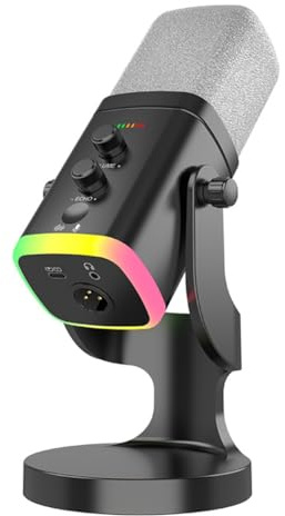 Fegtrtyoa Micrófono Dinámico USB/XLR RGB para Juegos con Reducción de Ruido, Silenciador y Conector para Auriculares para Videojuegos, Streaming, Podcasts, Color Negro.