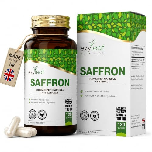 EZ Azafrán, 120 Cápsulas, 200mg Extracto 4:1 | Extracto de Azafrán 4:1 | Fórmula de Alta Potencia | Sin OGM, Gluten ni Alérgenos | Hecho en el Reino Unido