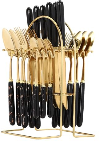 24 Piece Gold Cutlery Set 420 Stainless Steel 6 Place Settings Blue Ceramic Handle Knife Fork Spoon Coffee Spoon Set Formal Dinnerware Hygienic Stand UK​ (Golden Black)