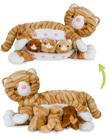 Mamanimals Katze Kuscheltier mit 3 Baby Katzen, Babys im Bauch mit Reißverschluss verstaubar, magnetische Zitzen zum Säugen, hochwertiges Plüschtier Set für Kinder (Orange getigert)