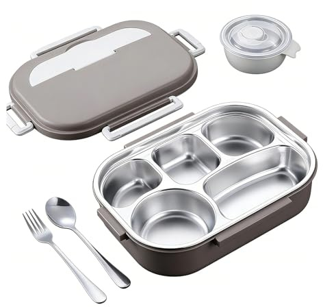 ZBELLO 1500ml SUS316 Stainless Steel Bento Box, 5 Compartment Leak-Proof Lunch Box with Cutlery & Soup Bowl, Portable for Office, School，Picnic (Gray)