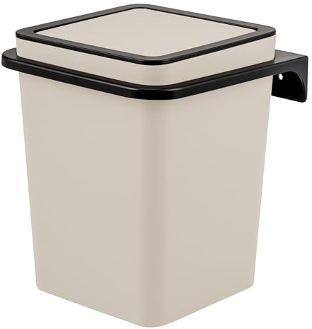 bremermann eckiger Kosmetikeimer SAVONA mit soft-touch Oberfläche inkl. Wandhalterung zum Kleben oder Bohren mit Schwingdeckel & EVA Pads, Abfalleimer aus Kunststoff, 6 Liter (Beige)