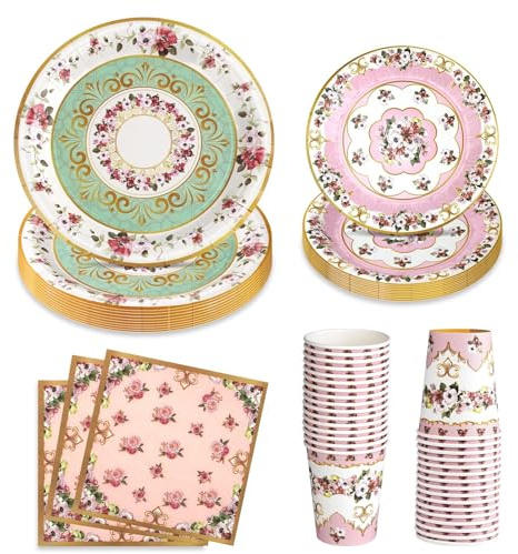 68Pcs Vintage Floral Gold Party Plates Set, 9 Green and 7 Pink Floral Paper Plates Napkins Cups Serves 16 Guests, Disposable Tableware for Afternoon Tea, Bridal Shower Birthday Party Decorations