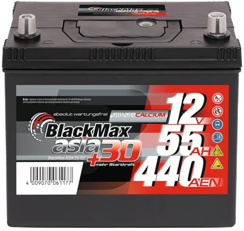 BlackMax ASIA 55-03 Autobatterie 12V 55Ah 440A EN, Asia Starterbatterie, Pluspol rechts, Dünnpol, B00, 236 x 129 x 225 mm, wartungsfrei und direkt einsatzbereit