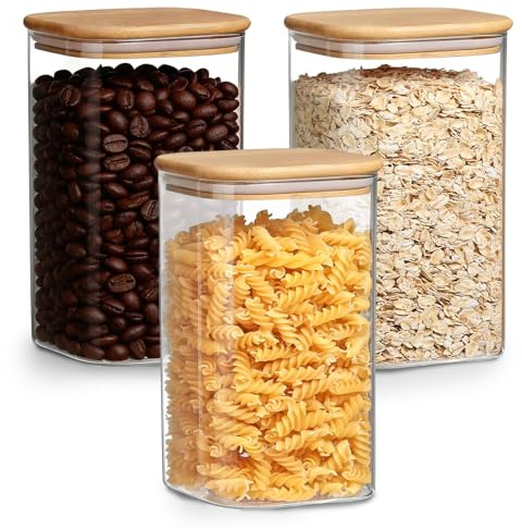 NBBENG Glass Jars with Bamboo Lids, Storage Container Spice Jar Set of 3 | Kitchen Food Storage Containers & Spice Jars for Tea Coffee Sugar Cookie Biscuit, Flour Pasta Herbs Snack Seed 1000ML