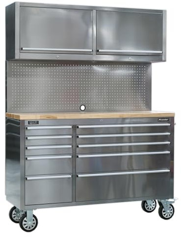 Sealey Ap5520Ss Mobile Stainless Steel Tool Cabinet 10 Drawer 2 Wall Cupboards