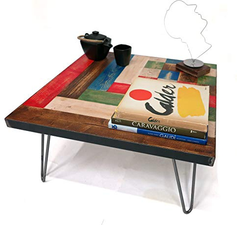 Artefizio Kaffeetisch Bunt Personalisiert Holz Tischplatte Palette mit Gestell aus unbehandeltem Stahl Beine mit Haarnadel (Paul Klee, Quadratische Pflanze, 80x80 cm, Höhe der Beine 30cm)