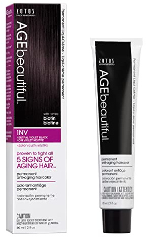 AGE beautiful Permanent Hair Dye 1NV Neutral Violet Black - Cool Violet Black Hair Color Cream with 100% Gray Coverage, Anti-Aging Biotin Formula for Thicker, Fuller Hair, Professional Salon Quality