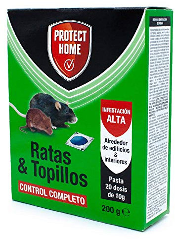 PROTECT HOME 286600758 Raticida en Pasta para Ratas y Topillos, Infestación Alta, Contról Completo, 20 dosis de 10gr, Azul