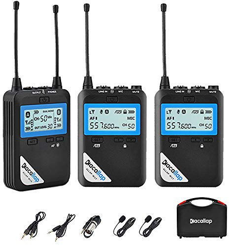 Wireless Lavalier Microphone, kacallap 100 Channel UHF Dual Wireless Microphone System with 2 Transmitters & 1 Receiver, Lapel Clip Mic for DSLR, XLR Camcorder, Phone, Support Audio Monitoring
