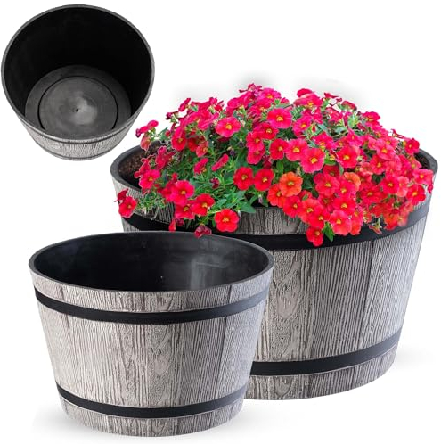 KADAX Ø23 cm – Pot de Fleurs en Plastique pour intérieur et extérieur, Cache-Pot Imitation Bois, Design tonneau élégant (Gris Clair)