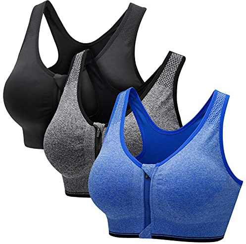 CARETOO Damen Sport BH Stark Halt Active Bra Höhe Beanspruchung Trainieren Bustier Fuer Yoga Fitness - Mit Reißverschluss Schwarz + Grau + Blau, XXL