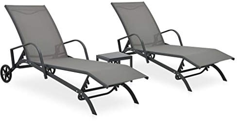 vidaXL Sonnenliege 2 STK. mit Tisch 2 Rädern Verstellbare Rückenlehne Gartenliege Relaxliege Gartenmöbel Liege Liegestuhl Strandliege Textilene Stahl