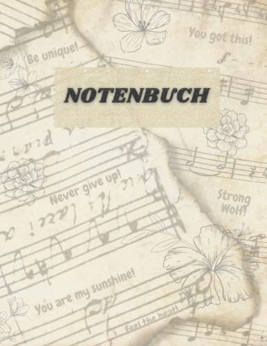 JANASDESIGN Notenbuch | 8,5x11Zoll, 80 Seiten, 8 Notensysteme pro Seite, Vintage Softcover | Dickes Notenbuch | Motiv: Vintage Design mit Sprüchen ... - Musik Schreibheft - Leere Notensysteme