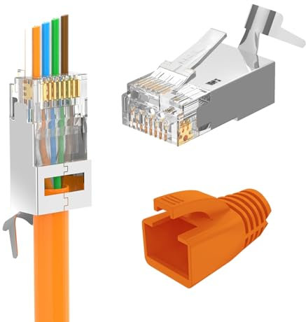 LEENUE 10 Stück RJ45 Stecker CAT 7 Pass Through, Vergoldet Netzwerkstecker CAT7 CAT6A, 10Gbps, Lan Stecker POE für Verlegekabel Geschirmt mit Einfädelhilfe und Knickschutz, Orange