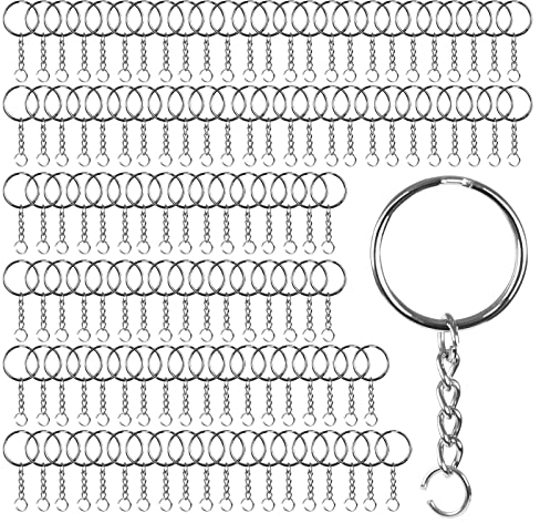 KYYLZ 120 Pezzi Portachiavi Anelli 25mm con Catena in Metallo 3cm con Anellini Aperti,Portachiavi Anello per Porta Chiavi Mestieri Lavori di Bricolage Key Chains Argento