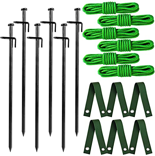 Guyuewey Robustes Baumpfahl-Set – Baumpfähle und Gurte zum Glätten junger Bäume, Gartenbaumstützen, 6 Metallpfähle, 6 Seile zum Verankern