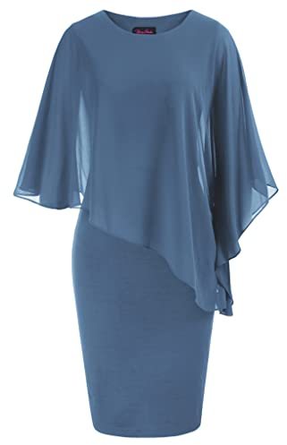 Hanna Nikole Cape Cocktailkleid Damen Chiffon Pencil Kleid für Hochzeit Bläuliches Grau L