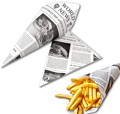 ONISM Snacktüte | Spitztüte für Pommes | Papier | Fettdicht | 50 Stück | Für Mandeln, Süßigkeiten, Fingerfood | Bis 125 Gramm | 100% Recyclebar | Zeitungsmotiv | Pommestüte (50 St., 19 x 27 x 19)