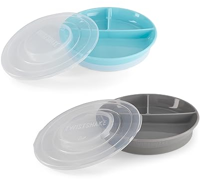 2x Twistshake Plato Dividido con tapa PP y fondo de silicona, Alimentación para Bebés, Plato con Divisiones Sellado en la Base con 3 Compartimentos, Vajilla, Sin BPA, Azul Pastel & Gris Pastel