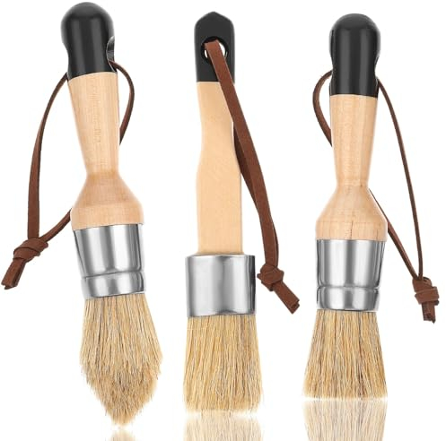 3 Stück Kreide-und Wachspinsel,Kreide Farbe Pinsel Natürliche Schablonenpinsel Borste Holzschablonen Pinsel Set Wiederverwendbare Flacher,Spitz,Runder Kreidepinsel,für Holzmöbel Volkskunst Heimdeko