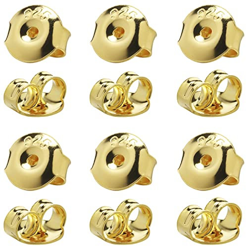 32 Piezas de Repuestos de Respaldos de Aretes de Plata 925, Respaldos de Aretes Hipoalergénicos Chapados en Oro de 18 Quilates, Cierre Seguro de Orejas para Aretes, Tuercas para Postes (Oro)