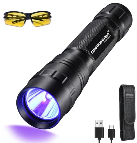 DARKBEAM Lampe de poche UV 395 nm lumière noire, mini lampe en bois puissante rechargeable USB-C, lampe de poche LED 10 W pour détecteur d'urine pour minéraux, verre d'uranium, durcissement de la
