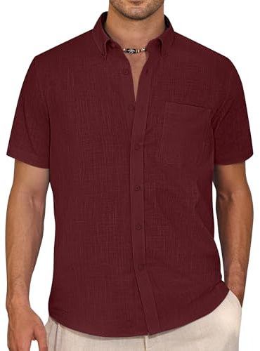 J.VER Mens Linen Shirts Short Sleeve Burgundy Regular Fit Smart Casual Lightweight Summer Holiday Beach Button Down Shirt L