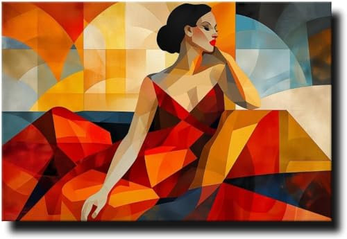 daazoo Leinwandbild Enjoy the Silence 40 x 60 cm (AUFHÄNGFERTIG) – Eleganz im geometrischen Stil – Einzigartiges Deko-Highlight – Rote Lippen, kräftige Farben – Querformat