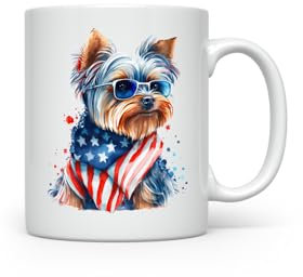 MAXIKIWI - Taza de café o té de cerámica suave y duradera para el hogar u oficina - Perfecta para cualquier ocasión - Yorkshire Terrier del 4 de julio - 350 ml