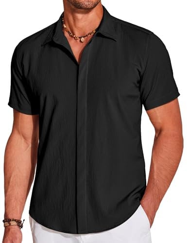 COOFANDY Men's Button Down Shirts Casual Short Sleeve Summer Beach Shirt Lightweight Textured Wrinkle Free Stretch Shirts Black L