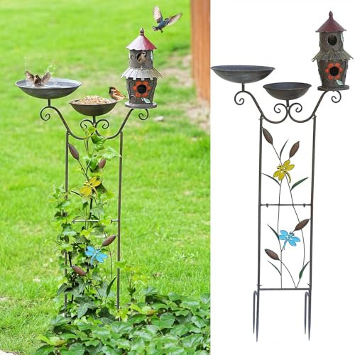 Bain d'oiseaux et nichoirs en métal pour l'extérieur, bain d'oiseaux sur pied en métal et treillis pour plantes grimpantes 4 en 1, décoration de jardin et cour
