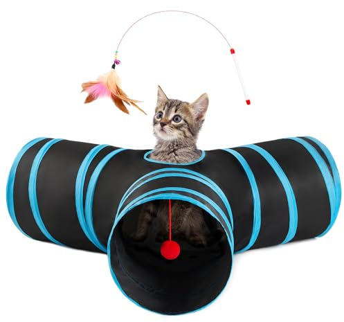 Love’s Cabin Cat Tunnel for Indoor Cats, 3-Way Collapsible Play Tunnel with Teaser Wand, Peek Holes & Toy Ball, Small Pet Toy for Kittens & Rabbits, Black & Blue, Small Size