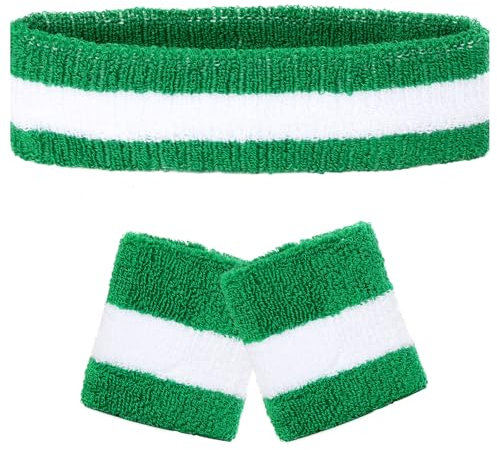 3-Set Schweißbänder Stirnband Armbänder Retro neon 80er 90er Outfit Sport Karneval Accessoires (Grün Weiß Grün)