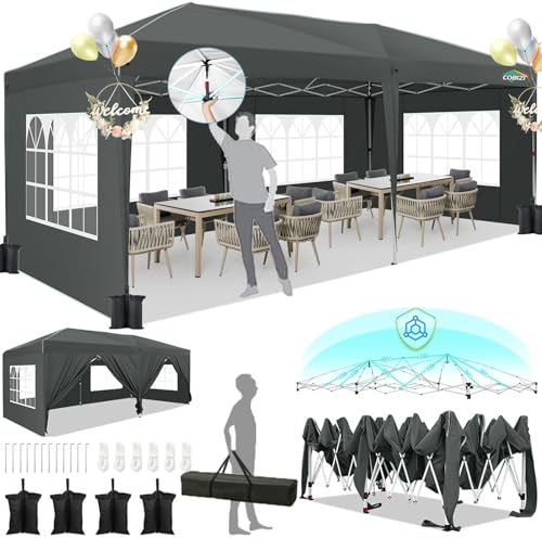 COBIZI Pavillon 3x6m, Faltpavillon 3x6 Wasserdicht Stabil mit 6 Seitenteilen, Zentralverriegelungsstruktu, Pop Up Pavillon Partyzelt Gartenpavillon für Party, Festival, Hochzeit, Anti-UV, Grau