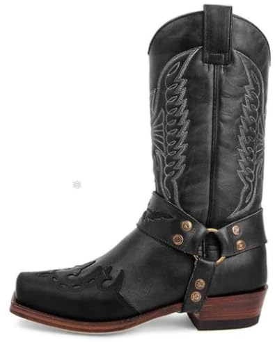 LXURY Stivali Da Cavaliere Da Uomo, Stivali Western Da Cowboy Medievali, Stivali Alti Ricamati, Stivali Da Equitazione Casual, Per Il Campeggio E Le Attività All'aperto,Nero,46